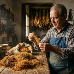 Manos de un artesano seleccionando hebras de tabaco kilo sobre una mesa de madera rústica iluminada por el sol.