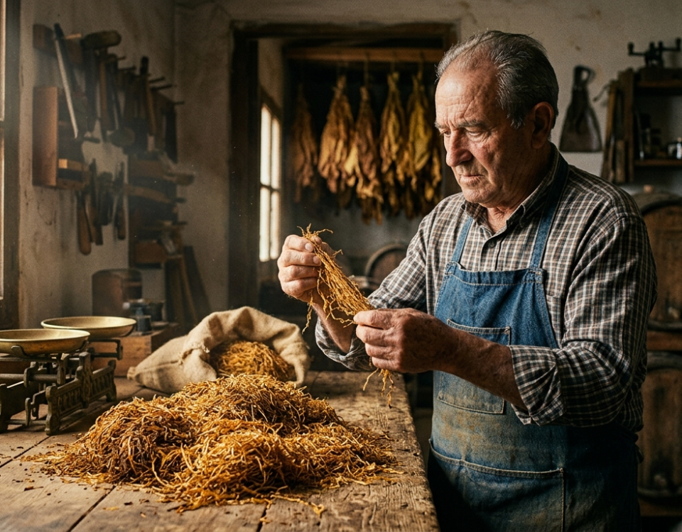 Manos de un artesano seleccionando hebras de tabaco kilo sobre una mesa de madera rústica iluminada por el sol.