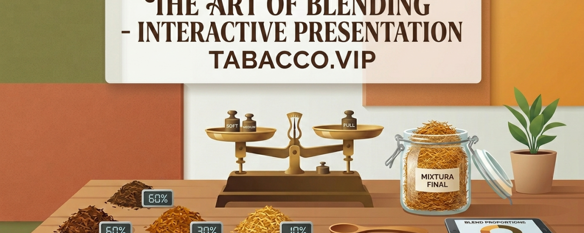 Ilustración de estilo flat design de una interfaz de presentación interactiva para Tabaco.vip, que muestra una báscula central y datos de mezcla de tabaco con porcentajes digitales y gráficos dinámicos.
