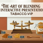 Ilustración de estilo flat design de una interfaz de presentación interactiva para Tabaco.vip, que muestra una báscula central y datos de mezcla de tabaco con porcentajes digitales y gráficos dinámicos.