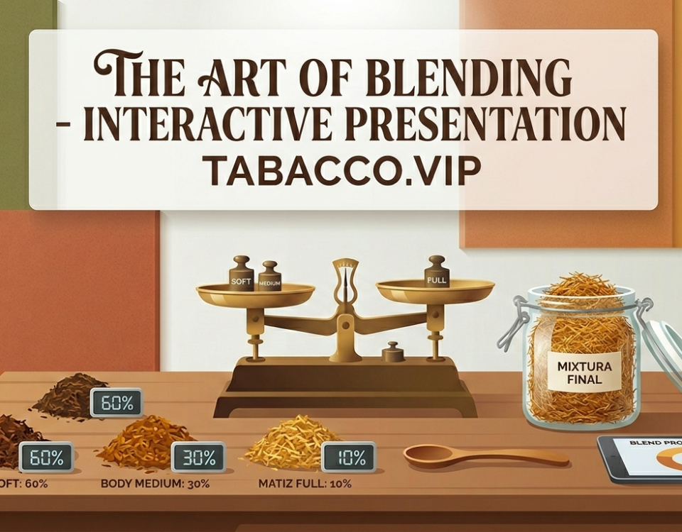 Ilustración de estilo flat design de una interfaz de presentación interactiva para Tabaco.vip, que muestra una báscula central y datos de mezcla de tabaco con porcentajes digitales y gráficos dinámicos.