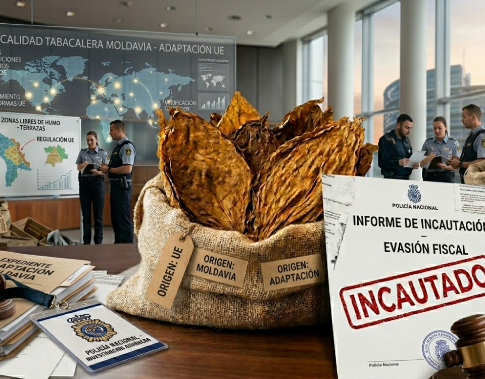 Ilustración periodística sobre la adaptación de Moldavia a las prohibiciones de la UE, mostrando un saco de hojas de tabaco natural en formato artesanal frente a mapas de regulación y documentos de control.