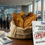 Ilustración conceptual sobre la propuesta de la FDA para supervisar fábricas extranjeras de tabaco industrial, destacando hojas de tabaco natural en primer plano.