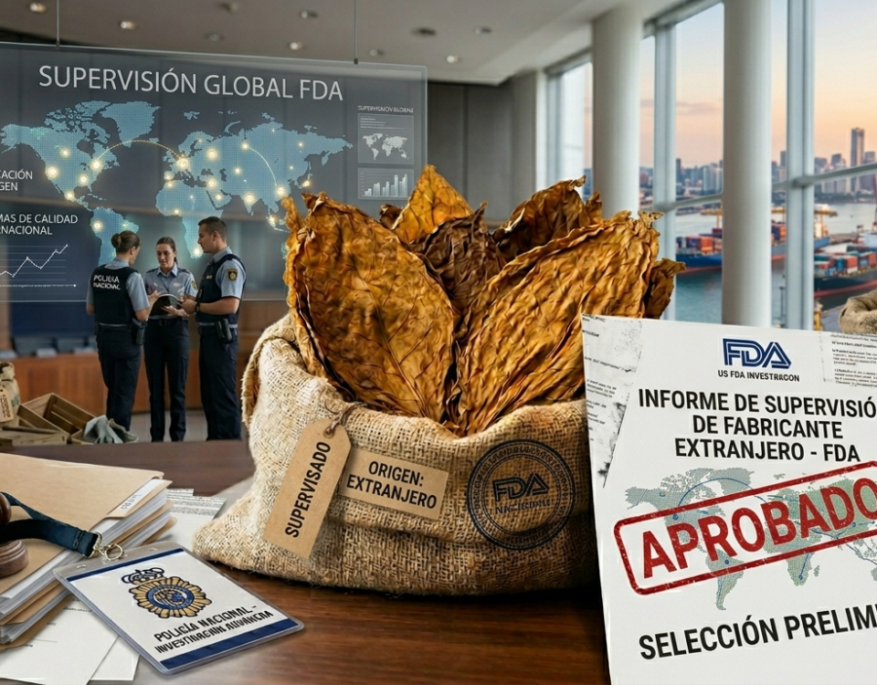 Ilustración conceptual sobre la propuesta de la FDA para supervisar fábricas extranjeras de tabaco industrial, destacando hojas de tabaco natural en primer plano.