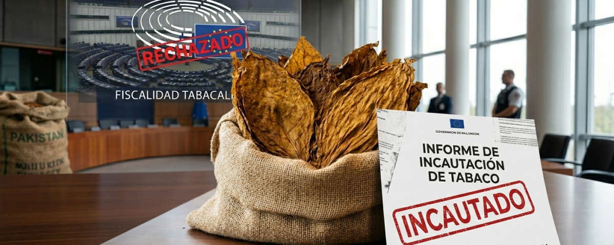 Ilustración conceptual de una inspección policial en un almacén tras una incautación masiva de tabaco industrial, con hojas puras en primer plano.