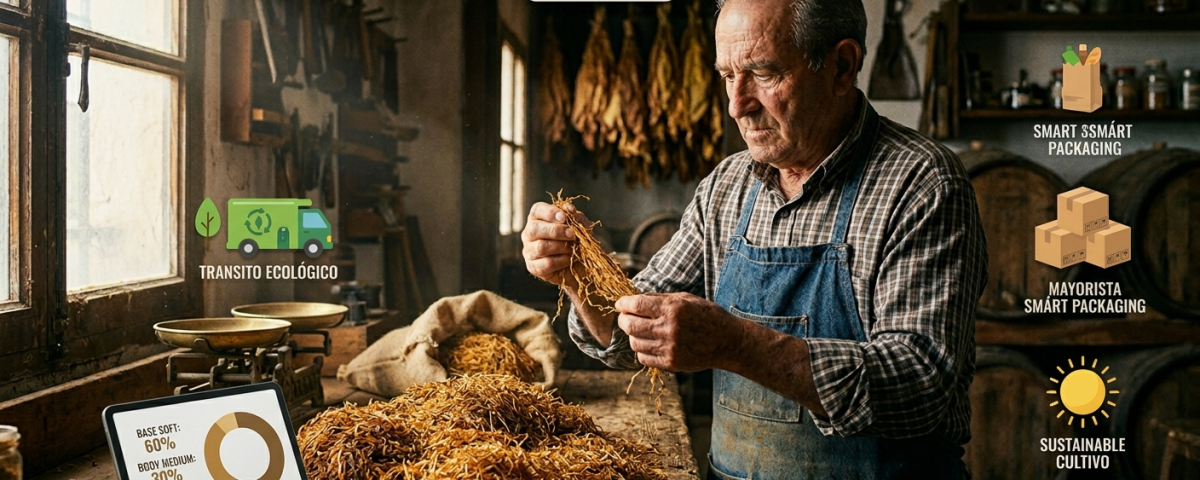 Primer plano detallado de las manos curtidas de Julián, maestro curador de Tabaco.vip, examinando la elasticidad y el aroma de hebras de tabaco kilo dorado sobre una mesa de madera rústica en 2026.