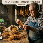 Primer plano detallado de las manos curtidas de Julián, maestro curador de Tabaco.vip, examinando la elasticidad y el aroma de hebras de tabaco kilo dorado sobre una mesa de madera rústica en 2026.