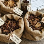 Saco de arpillera con hojas de tabaco de kilo ecológicas en un muelle de distribución moderno.