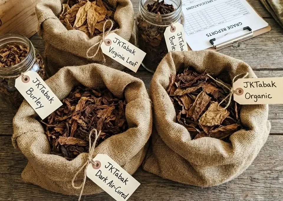 Saco de arpillera con hojas de tabaco de kilo ecológicas en un muelle de distribución moderno.